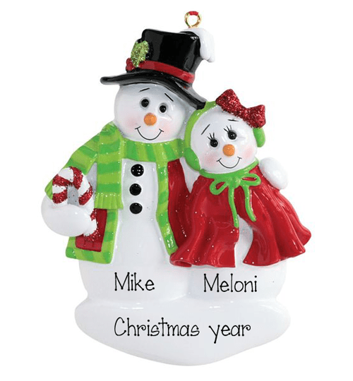Snowman Couple dressed in red and green~Personalized Christmas Ornament
