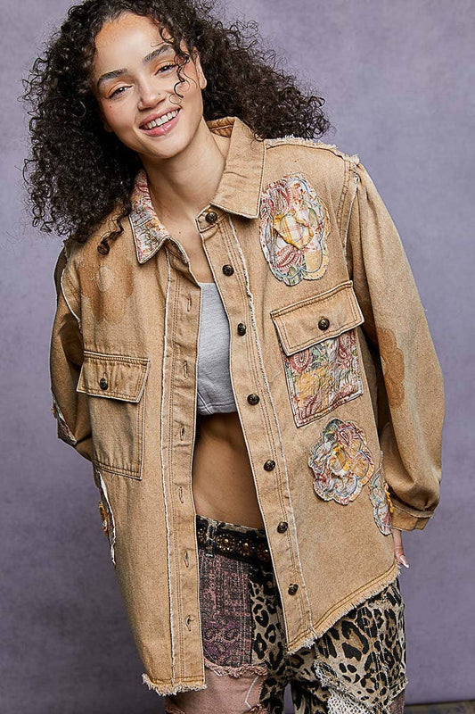 Balloon sleeve floral patch detail denim jacket - [variant_option1]