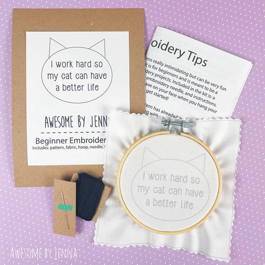 Beginner Work Hard For The Cat DIY Hand Embroidery Kit