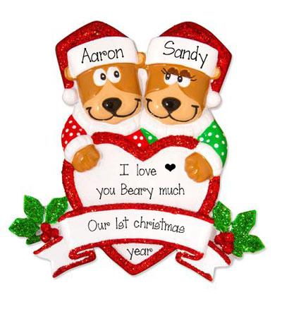 Brown Bear Couple Trimmed in Red Glitter~ Personalized Christmas Ornament