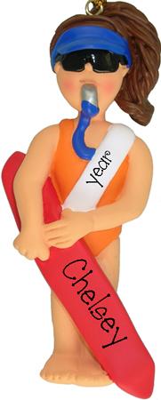 Brunette female lifeguard, MY PERSONALIZED ORNAMENTS, CHRISTMAS ORNAMENTS
