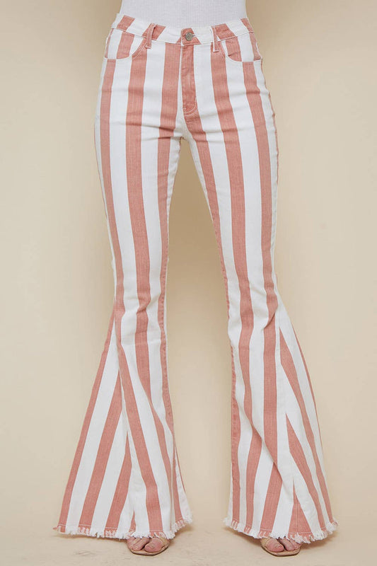 BURNT CORAL STRIPED WASHED DENIM BELL BOTTOMS - [variant_option1]