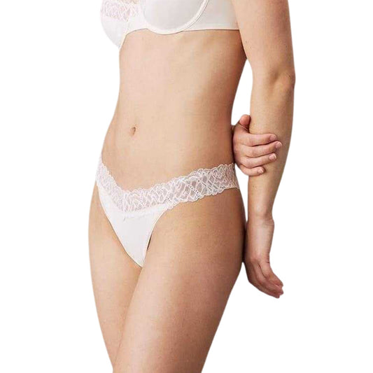 Calvin Klein Womens Lace Trim Recycled Nylon Thong Ivory