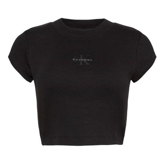 Calvin Klein Womens Mono Logo Ribbed Crop Top Black