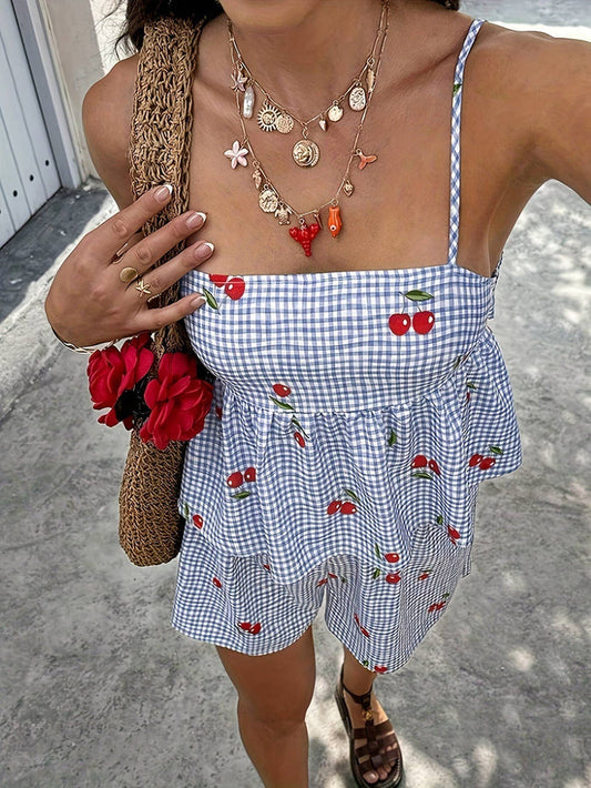 Checker & cherry bow tie peplum cami tank top & shorts set - [variant_option1]