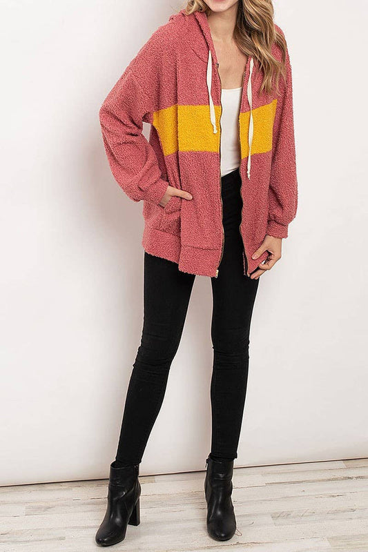 COLOR BLOCK ZIPPER FRONT HOODIE  SHERPA SWEATER - [variant_option1]