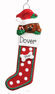 BROWN DOG IN CHRISTMAS STOCKING ORNAMENT, MY PERSONALIZED ORNAMENTS