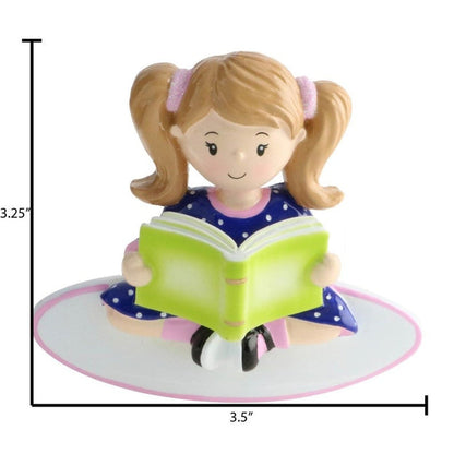 Little Girl in Pigtails Reading a Book-Personalized Ornament