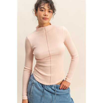 Ribbed High Neck Seam Detail Long Sleeve Top - [variant_option1]