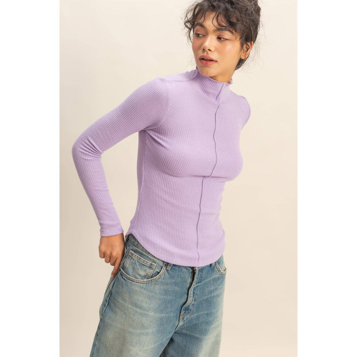 Ribbed High Neck Seam Detail Long Sleeve Top - [variant_option1]
