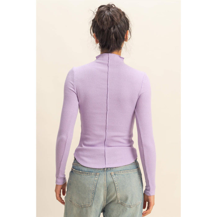 Ribbed High Neck Seam Detail Long Sleeve Top - [variant_option1]