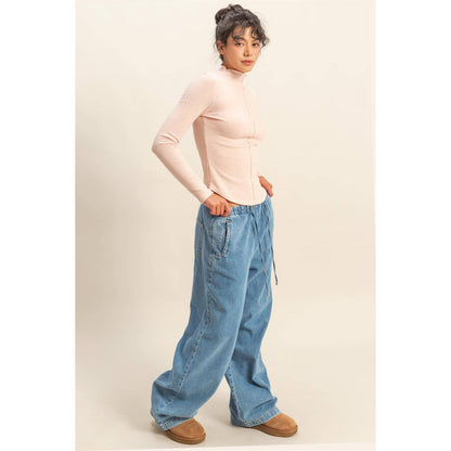Ribbed High Neck Seam Detail Long Sleeve Top - [variant_option1]