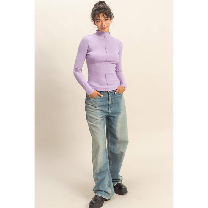 Ribbed High Neck Seam Detail Long Sleeve Top - [variant_option1]