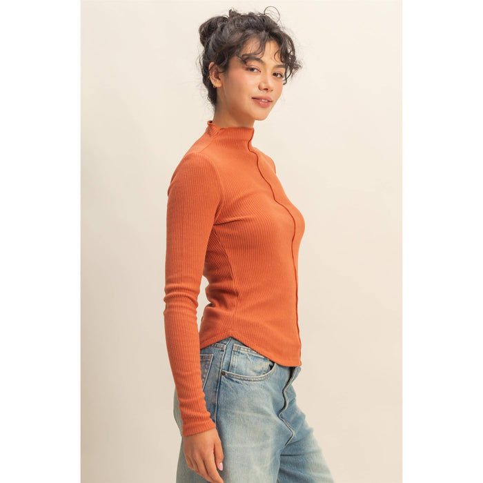 Ribbed High Neck Seam Detail Long Sleeve Top - [variant_option1]