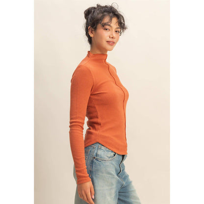 Ribbed High Neck Seam Detail Long Sleeve Top - [variant_option1]