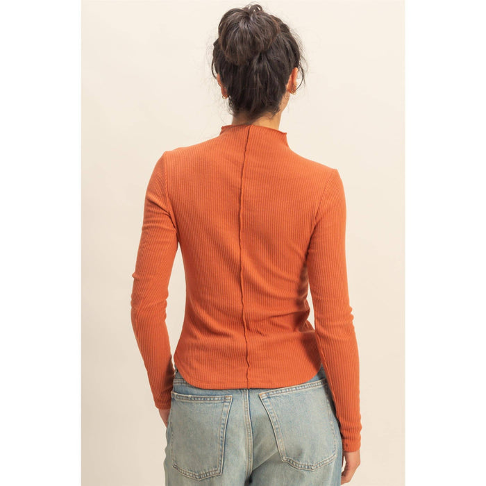 Ribbed High Neck Seam Detail Long Sleeve Top - [variant_option1]