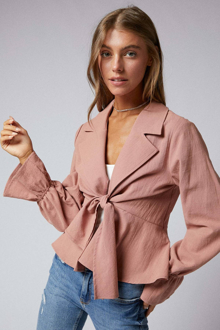 Ruffle Long Sleeves Tie Front Peplum Jacket - [variant_option1]