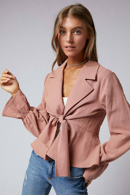 Ruffle Long Sleeves Tie Front Peplum Jacket - [variant_option1]