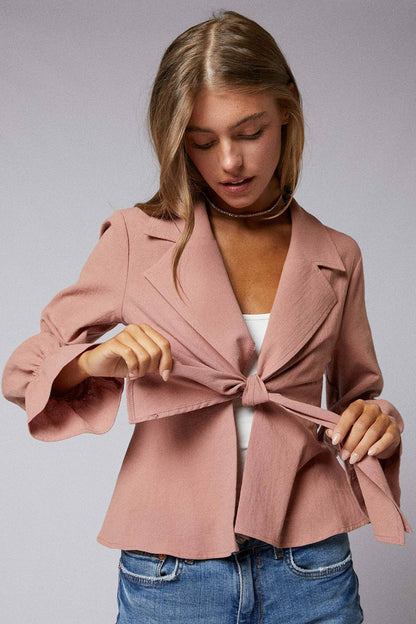 Ruffle Long Sleeves Tie Front Peplum Jacket - [variant_option1]