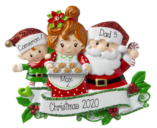 Santa & Mrs. Claus Family of 3 Baking Cookies-Personalized Ornaments