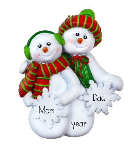 OLDER SNOWMAN COUPLE, PERSONALIZED ORNAMENTS