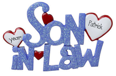 Our Son- In- Law blue glittered ornament is the perfect gift for your son-in-law.