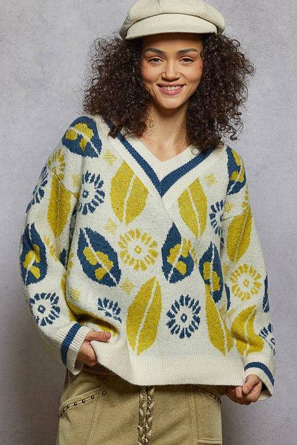 V-neck long sleeve floral mohair sweater top - [variant_option1]