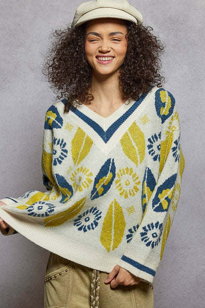 V-neck long sleeve floral mohair sweater top - [variant_option1]
