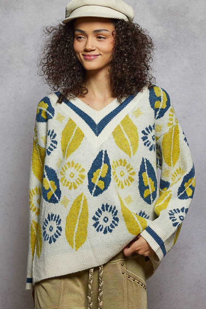 V-neck long sleeve floral mohair sweater top - [variant_option1]