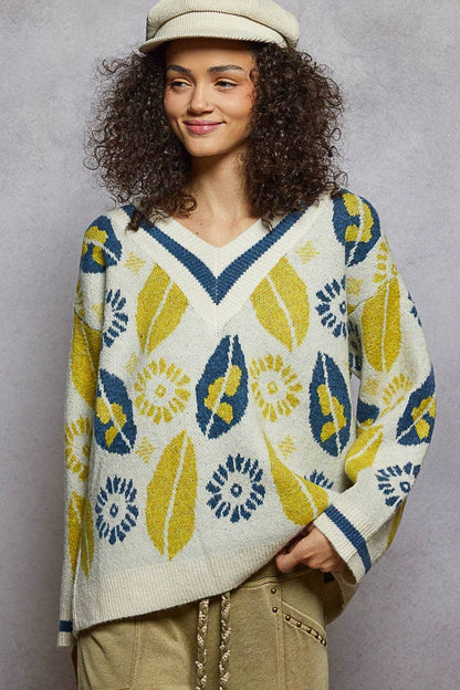 V-neck long sleeve floral mohair sweater top - [variant_option1]