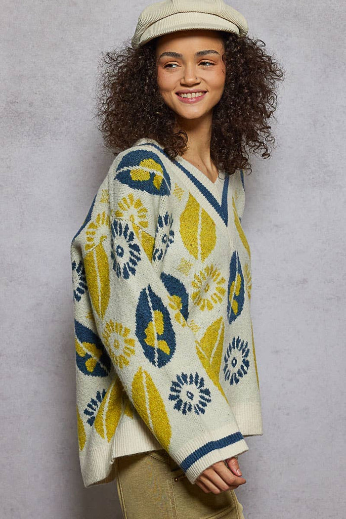 V-neck long sleeve floral mohair sweater top - [variant_option1]