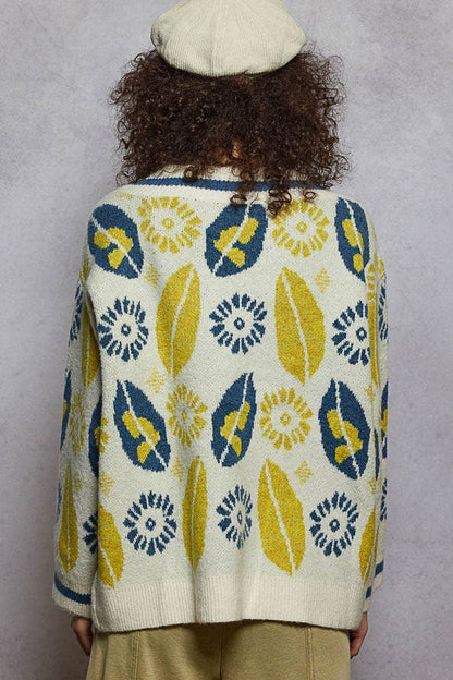 V-neck long sleeve floral mohair sweater top - [variant_option1]