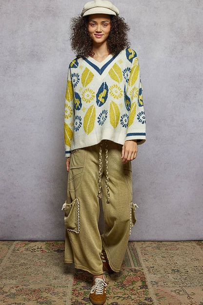 V-neck long sleeve floral mohair sweater top - [variant_option1]